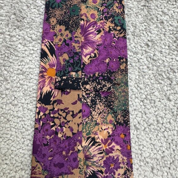 Oleg Cassini Vintage 90s Silk Necktie Mens Floral Abstract Purple Green Designer - Picture 4 of 9